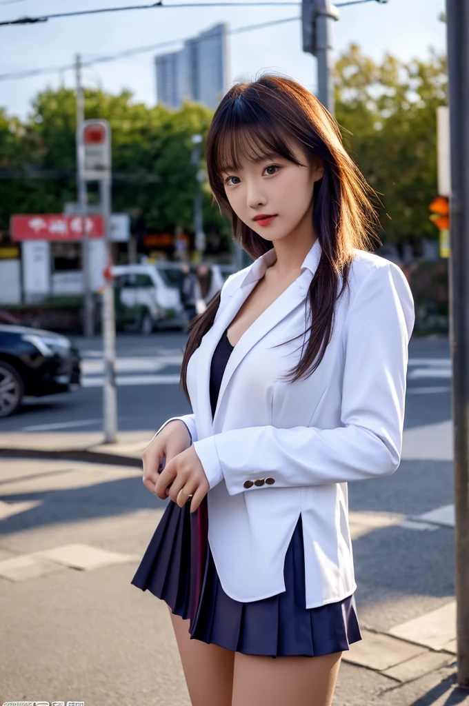 a 17 year old girl, she is the most beautiful actress in the world, the perfect body proportions of this girl, her large breasts are clothed by the formal shirt within the blazer that's closing on short skirt, it's being too hard for the short skirt to hide the panties between her bare legs because it's too short, it's just front of her body in photo, there's no photo space above her head, her feet are out of photo space, she is standing straight at the street, nsfw, best quality, highly detailed, masterpiece, ultra high res, photo realistic, 8k, RAW photo