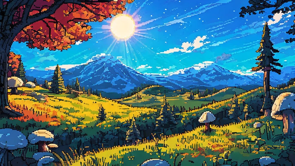 distant landscape of a magic mushroom forest with a clear sky and a radiant sun