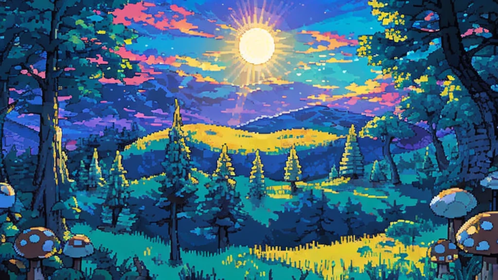 distant landscape of a magic mushroom forest with a clear sky and a radiant sun