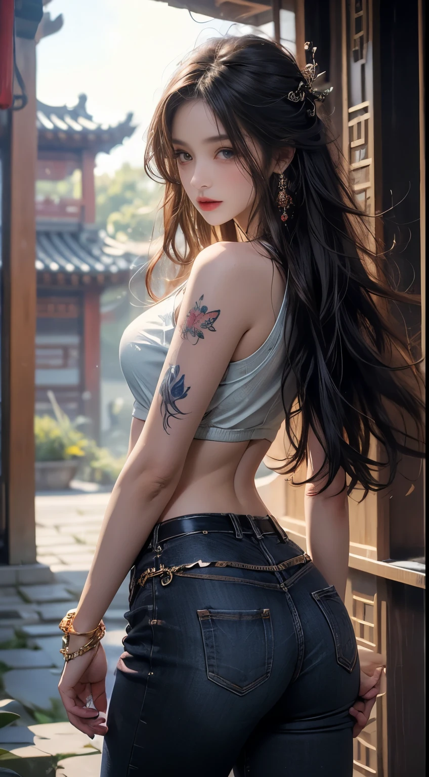 Photorealistic, High resolution, 1 woman, hips up high, Beautiful eyes, Long hair, Ringed Eyes, Jewelry, The tattoo, Hanfu, chinese fairy, Taoist uniform, ((face to viewer)).,The belly button and the surrounding area are exposed,Are thin,Flat chest,Small breasts,Small breasts,Small butt,Flat butt,Thin waist,A beautiful woman,Small Ass,Small waist,
