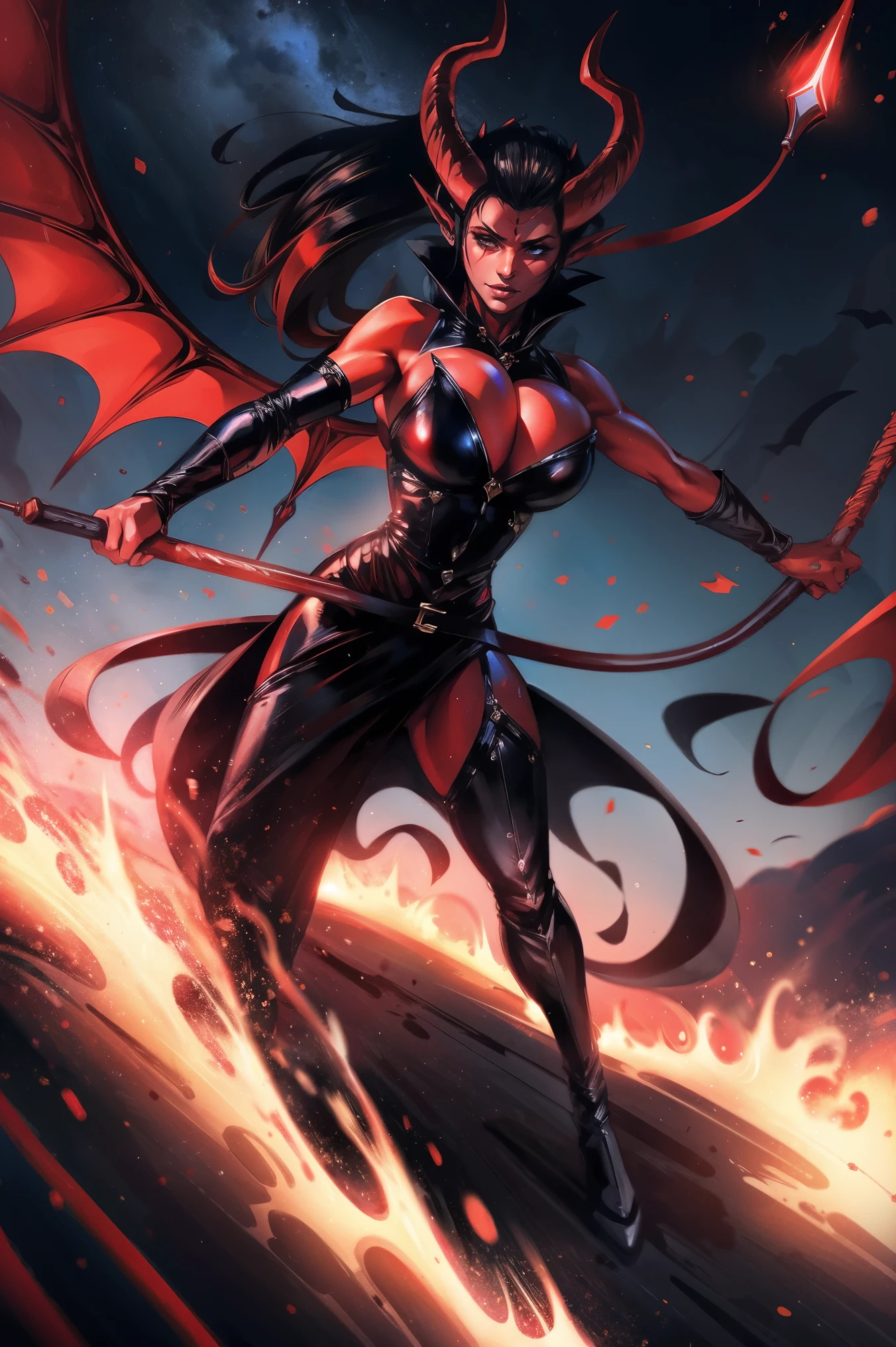 Red skin succubus tiefling, medium breasts, black horns, wings, huge tail, black leather, tall, toned, graceful, thin, long black ponytail. Action scene, whip. Dark scene, explosions, night sky.