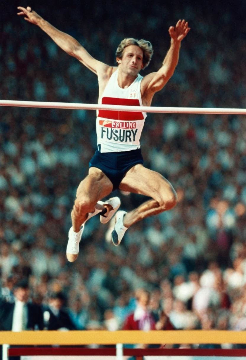 Fosbury-flop, a sublime athlete jumps in Fosbury in front of the high jump bar