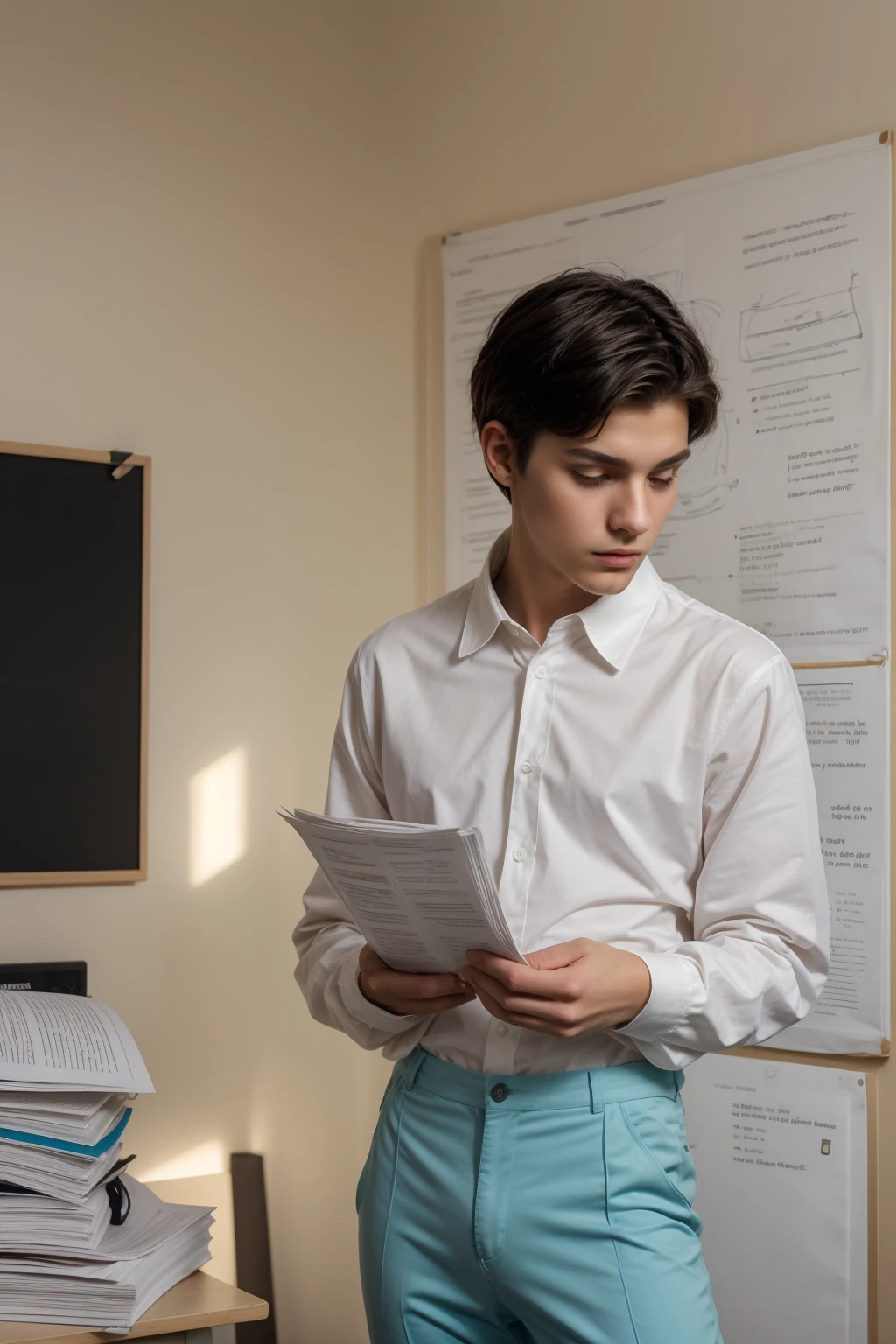 A beautiful young male twink with black hair and a white face with makeup. He is wearing a long-sleeved shirt with a tight white collar and tight aquamarine cotton pants. He is in his office reading a medical paper, and behind him is a blackboard on which is written the shape of the brain and its anatomy.