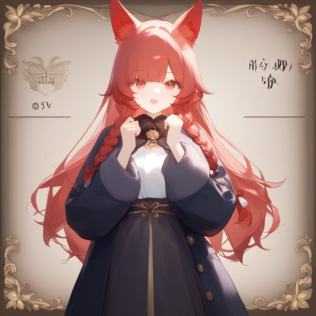  1 Girl, Red hair, Animal ears, Wear a long-sleeved jacket, creative design, whole body, Reference table, Role List,、Red Hair、Red eyes、Long hair、Double braids、Girl、Lovely、Energetic、Combo chart、whole body立绘，from head to foot，different dynamics，Different expressions，Combo chart、Standing Girl