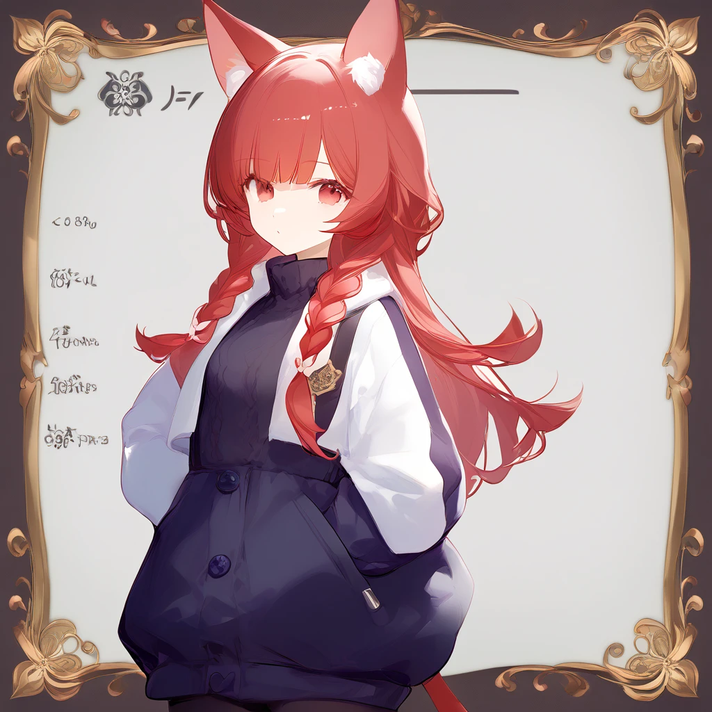  1 Girl, Red hair, Animal ears, Wear a long-sleeved jacket, creative design, whole body, Reference table, Role List,、Red Hair、Red eyes、Long hair、Double braids、Girl、Lovely、Energetic、Combo chart、whole body立绘，from head to foot，different dynamics，Different expressions，Combo chart、Standing Girl