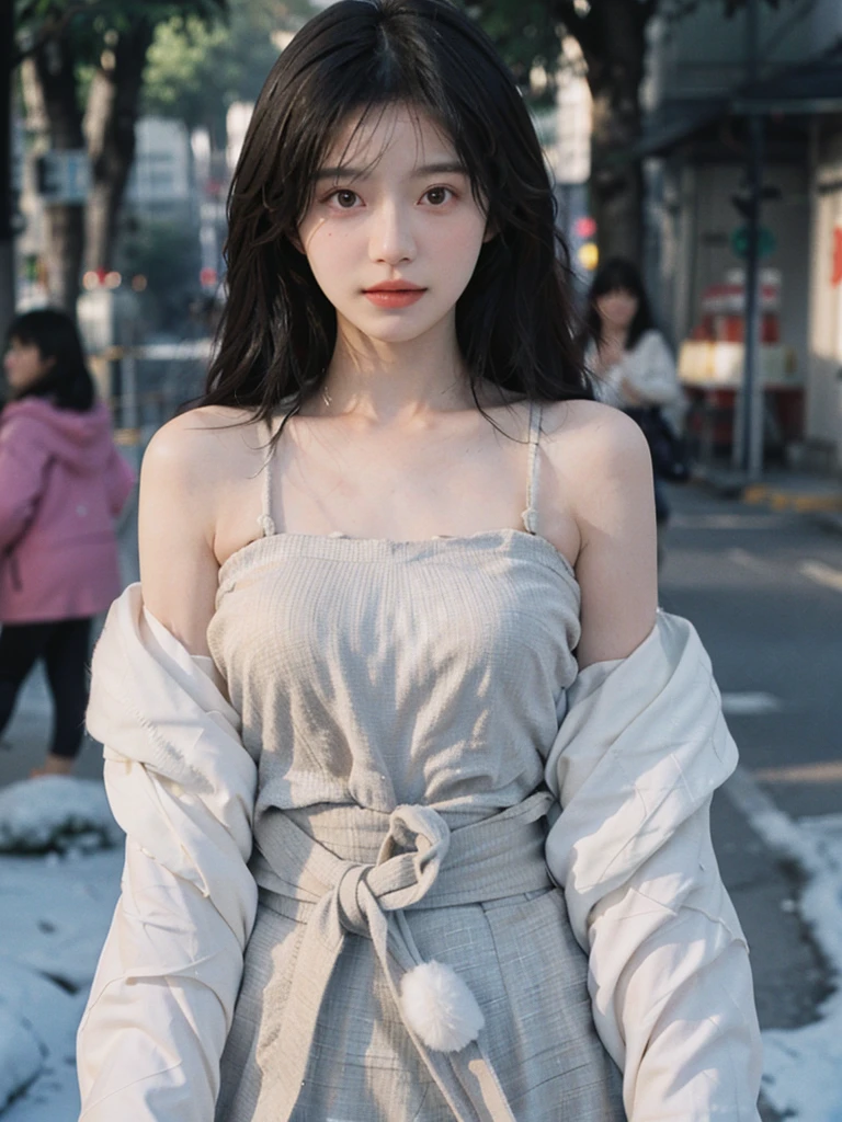 Film portrait photography, 2 girls, bare shoulders, Shoulder length wavy hair, White coat，Snow white sling， (Realistic and detailed eyes, natural skin texture, Realistic facial details),, depth of field, Bokeh, Vibrant details, Detailed and detailed, Surrealism, 35mm film, hazy, ,self-shot，