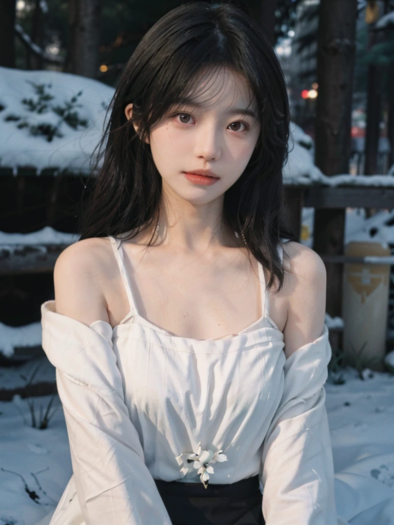 Film portrait photography, 2 girls, bare shoulders, Shoulder length wavy hair, White coat,Snow white sling, (Realistic and detailed eyes, natural skin texture, Realistic facial details),, depth of field, Bokeh, Vibrant details, Detailed and detailed, Surrealism, 35mm film, hazy, ,self-shot,