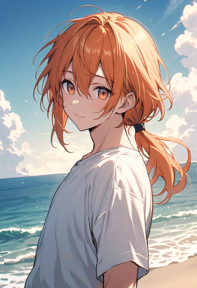 good looking, alone, 1 male, Medium Hair, Low Ponytail, Bright orange hair, Hazel Eyes, White shirt、Beautiful views、Ocean、friendly