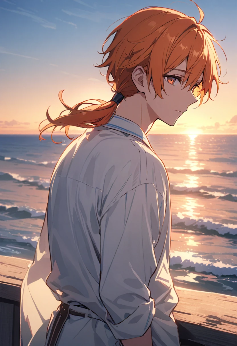 good looking, alone, 1 male, Medium Hair, Low Ponytail, Bright orange hair, Hazel Eyes, White shirt、Beautiful views、Ocean、friendly