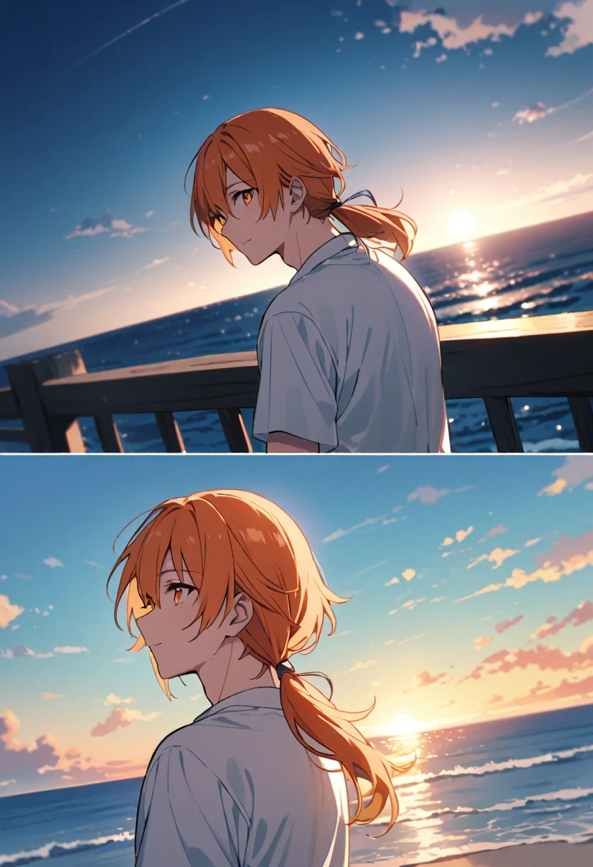 good looking, alone, 1 male, Medium Hair, Low Ponytail, Bright orange hair, Hazel Eyes, White shirt、Beautiful views、Ocean、friendly