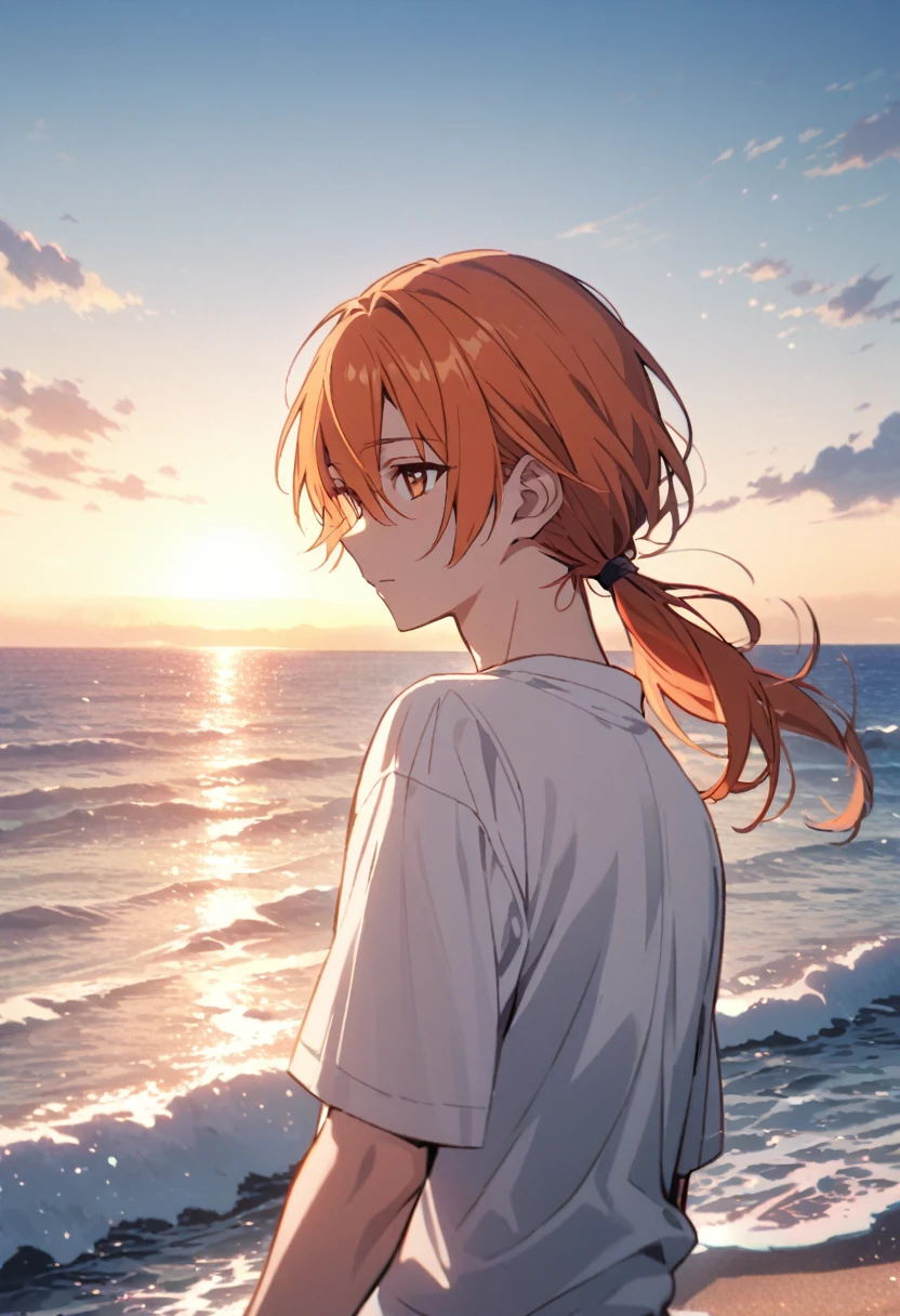 good looking, alone, 1 male, Medium Hair, Low Ponytail, Bright orange hair, Hazel Eyes, White shirt、Beautiful views、Ocean、friendly