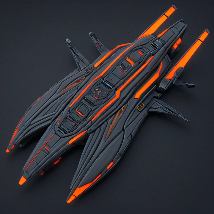 Scifi StarShip, Orange-red base color, Grey-dark ish 2nd color, clean details and smooth design, ((2D Top Down View)) rim lighting, T shape