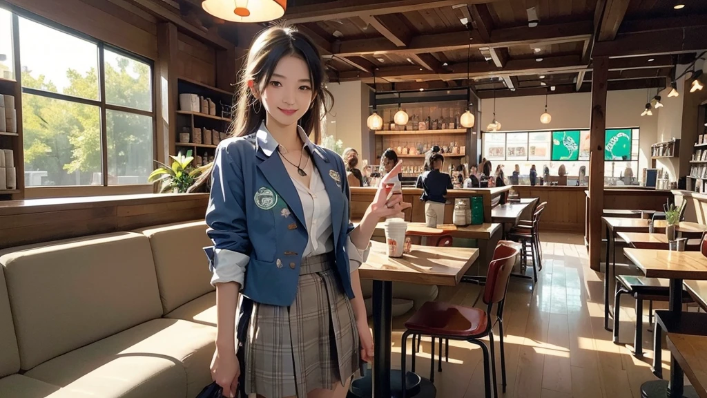 8K、RAW Photos、Highest quality、Super detailed、Super Resolution、Ultra HD、8K壁紙、Amazing details blazer uniform girl ((White blouse with formal collar, Blue Blazer,
Red Check Skirt, Red checkered ribbon on blouse)), Complete limbs, Full Finger,
((((((Inside the Starbucks store、16-year-old high school girl))))))、((((((Eat cake、Drink coffee、smile))))))、((Heart Necklace))
((Emphasize cleavage))
Modern and sleek design:Interior design using natural materials、Many of the designs are warm and made using wood and metal.。
Large windows:自然光をたっぷり取り入れるためのLarge windowsがあり、Providing a bright and open space。
Green Interior:Potted plants are effectively placed、It creates a relaxing atmosphere。
artwork:Works by local artists、Starbucks-related art on display。
Cozy seating:Cushioned chairs and sofas、Bar sheet etc.、A variety of seating options available。
Open kitchen area:Being able to see how drinks and food are made、We provide peace of mind and transparency。
Unique lighting:Antique lamps and chandeliers、Modern lighting fixtures are used。
Comfortable background music:Relaxing music is playing、A comfortable space is provided。
Free Wi-Fi and charging spots:Many tables are equipped with power outlets.、Convenient for work and study。
Customizable menus:Menus are provided that can be customized according to customer preferences。
Use of sustainable materials:Eco-friendly recycled materials and sustainable wood are used。
Wide々Table space:一人でもグループでも使いやすいWide々There is a table with。
Community Table:There is a large table where you can socialize with other customers.。
Seasonal decorations:The decorations are themed according to the season.。
Digital Order System:スマホやタブレットから注文できるDigital Order Systemが導入されています。
Design with a local feel:The design incorporates the local culture and characteristics.。
Fragrance production:コーヒーの香りが店内にWideがり、A space that satisfies the five senses has been created.。
Conversation with a barista:フレンドリーなConversation with a baristaが楽しめるカウンターエリアがあります。
