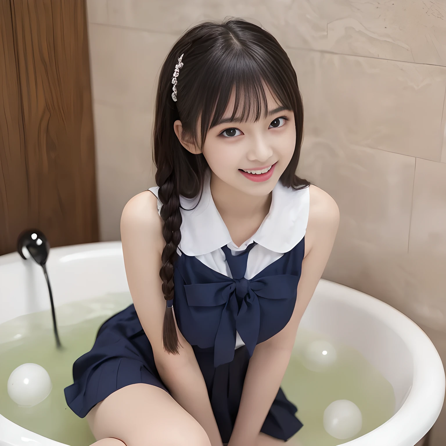 (highest quality, masterpiece:1.2), highest quality, High resolution, 1080P, 8K, Height: 150cm, ((A noble and intelligent girl like Japanese cute girly lady is hypnotizing and giggling, A very sweet, very noble, pretty and neat Japanese beautiful cute girl. Realistic very girly sweet cute evil girl like a princess is seated in a bath tab in a girly dark evil harem gorgeous pinky bath room with evil thought in a deep succubus nightmare)), ((((************, popular Japanese fashion model)))), ((((White face with plump cheeks)))), Glossy lips, (Evenly cut bangs), ((Very beautifully laughing brown drooping gooey cute neat noble eyes)), ((straight black very very long straight hair)), Very lustrous, glossy lips, Open hand over open mouth, Beautiful hair like a hair model, Watching the viewer and laughing, ((Incredibly well organized, The expression is rich. plump and beautiful skin and face)), ((Pure and clear sweetly smiling eyes)), Long eyelashes, ((smiling at me)), Glossy Lips, ((noble and neat)), ((Like a succubus is fascinating with magic and giggling)), ((((A succubus is fascinating and calling to the deeper place forever)))), ((highly up-curved lips)), ((looking at the viewer directly)), white hands, ((Navy girls high school sailor uniform, Navy uniform sailor collar, Navy uniform pleated skirt, Navy school shirt, Blue string ribbon tie)), ((grasping wet evil pinky slime)), ((Full of pink evil heart Soap bubbles on the wall and floor)), (((many evil kissing girl's art on the wall)))