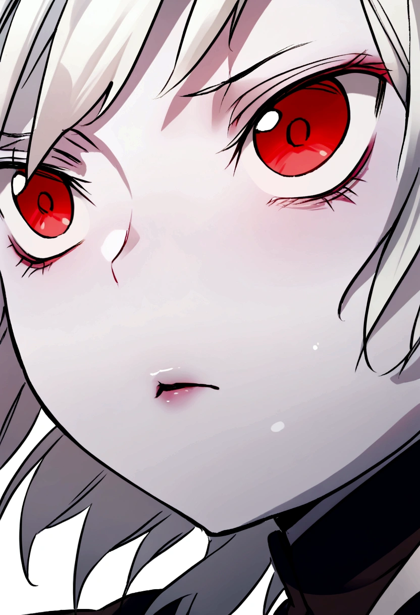 Dynamic angle short white hair red eyes girl deadpan expression pale skin