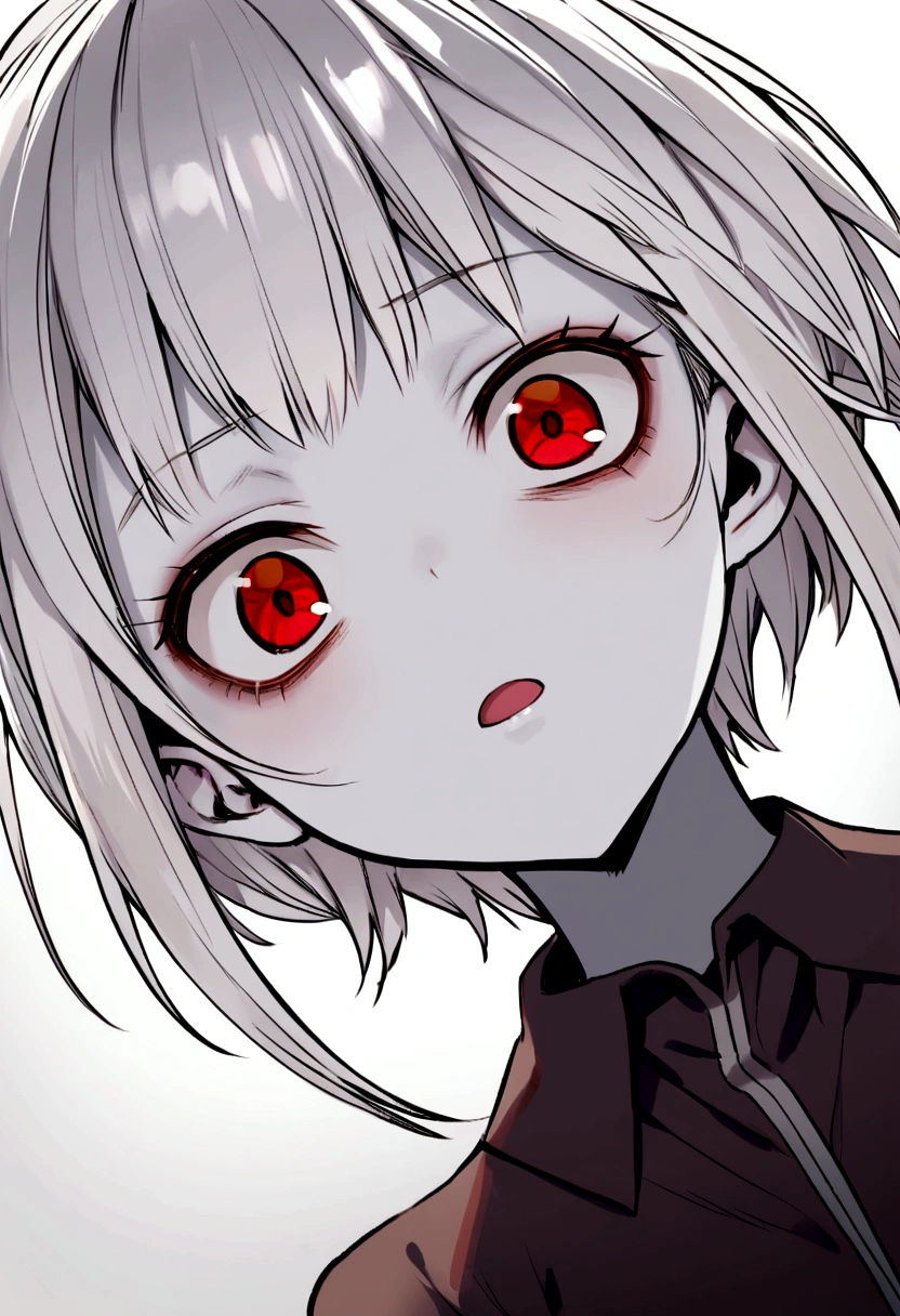 Dynamic angle short white hair red eyes girl deadpan expression pale skin