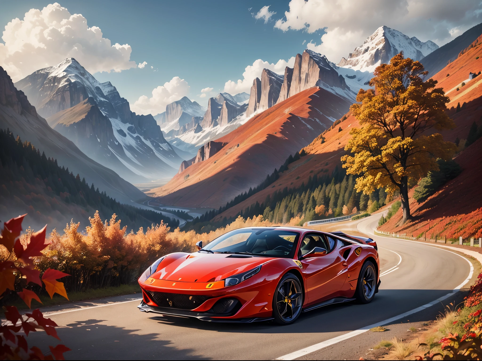 超A high resolution、An ultra-high picture quality、8K、Detailed detailarvelous expression、Late autumn valley、Beautiful autumn leaves、A red sports car running vividly on a circuit built along the mountains、((Ferrari 308GT))