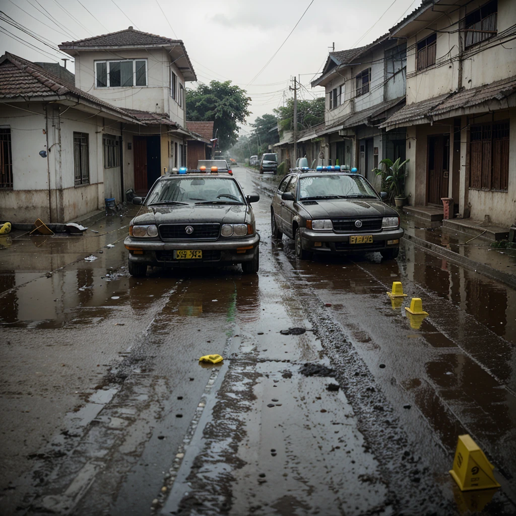 a crime scene in Bangladesh, houses and a car, rain, wind surreal vibrant --v 6.0 --style raw --s 200