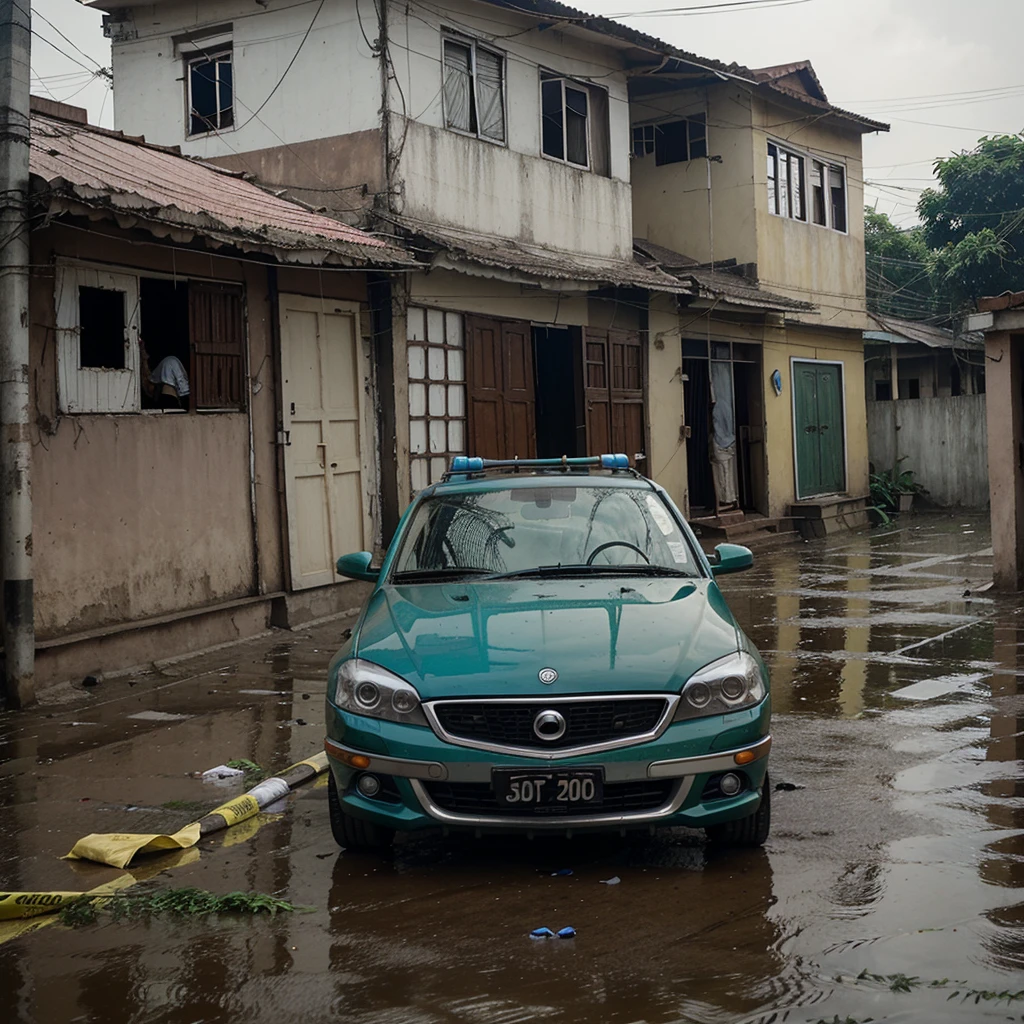 a crime scene in Bangladesh, houses and a car, rain, wind surreal vibrant --v 6.0 --style raw --s 200