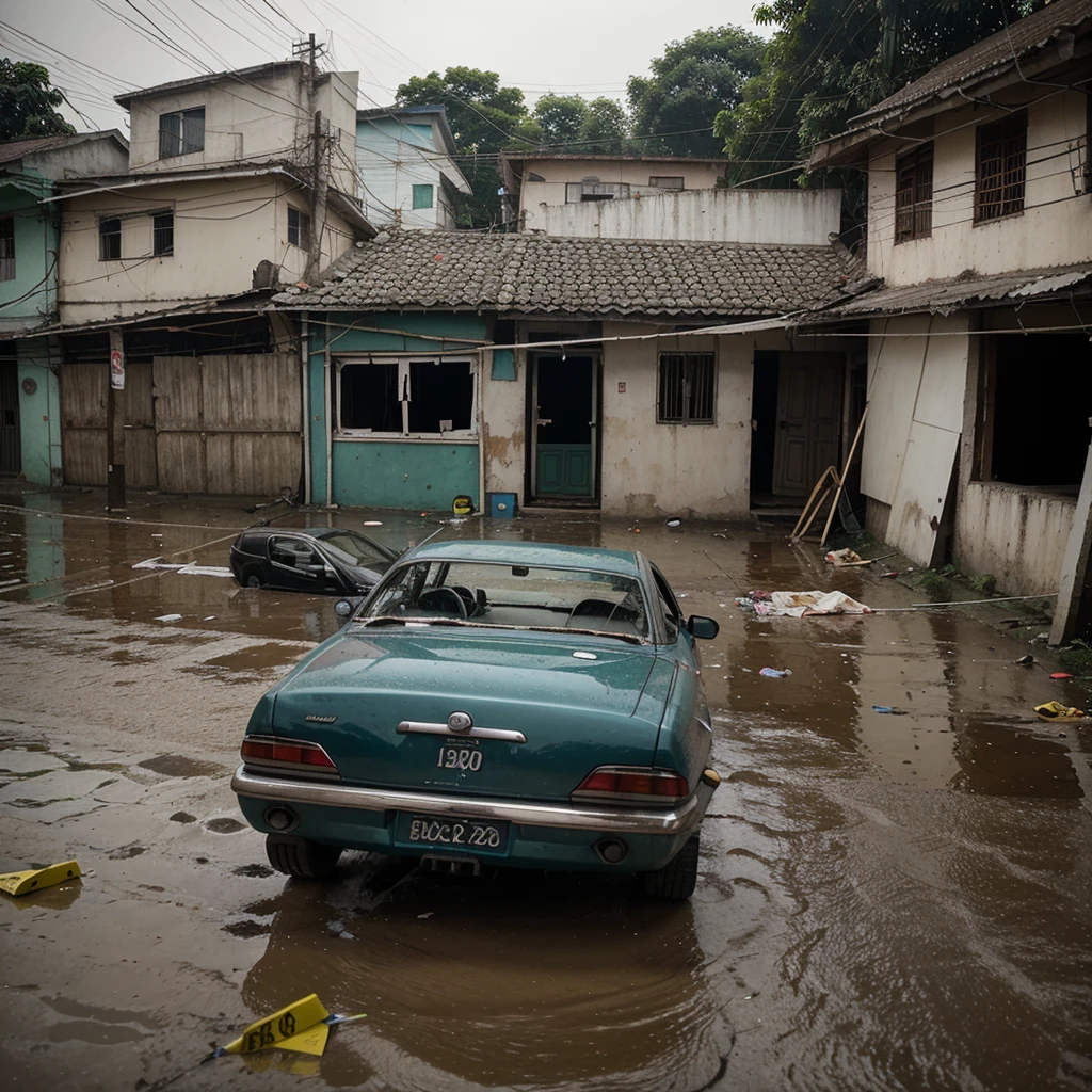 a crime scene in Bangladesh, houses and a car, rain, wind surreal vibrant --v 6.0 --style raw --s 200