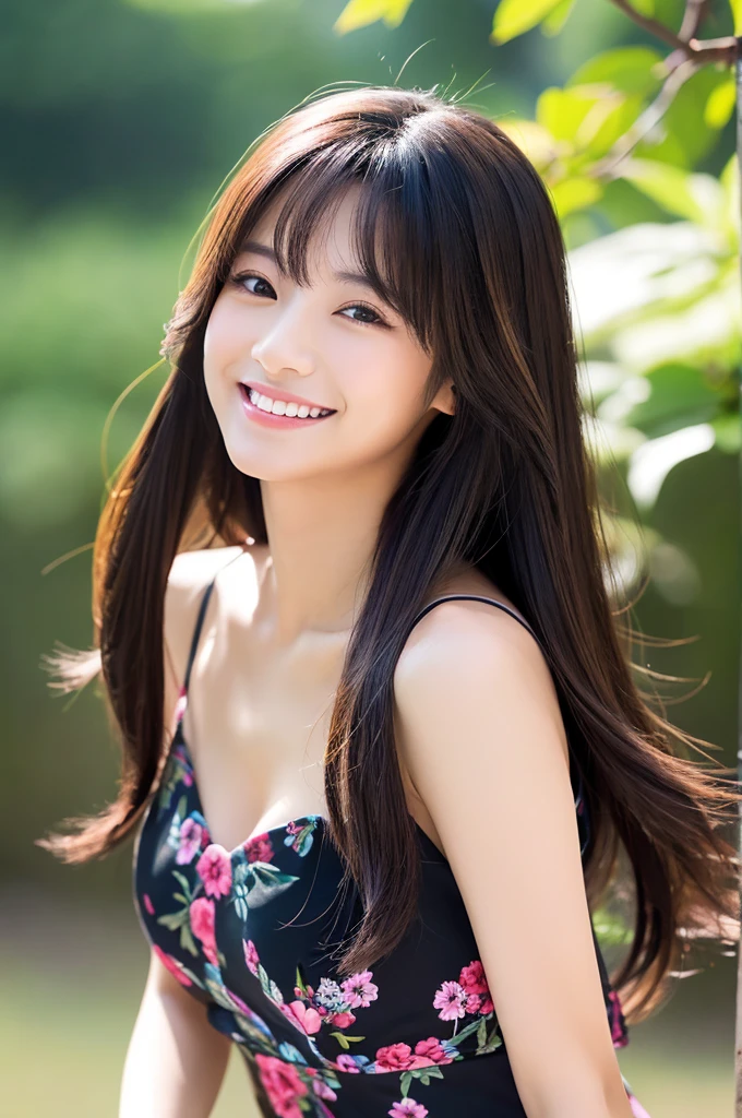 Image resolution 8K、masterpiece:1.3)、Beauty、1 female、(魅力的なBody Type:1.2)、abdomen:1.1、Dark brown hairstyle:1.1、(Body Type:1.2)、Ultra-detailed face、Attractive lips、double eyelid、Wearing a black one-piece dress、Super realistic and super cute in every detail、Japanese、Japanese女性、20th generation(28 years old)、Smile with a beautiful smile、Hair blowing in the wind、color々Hair style、