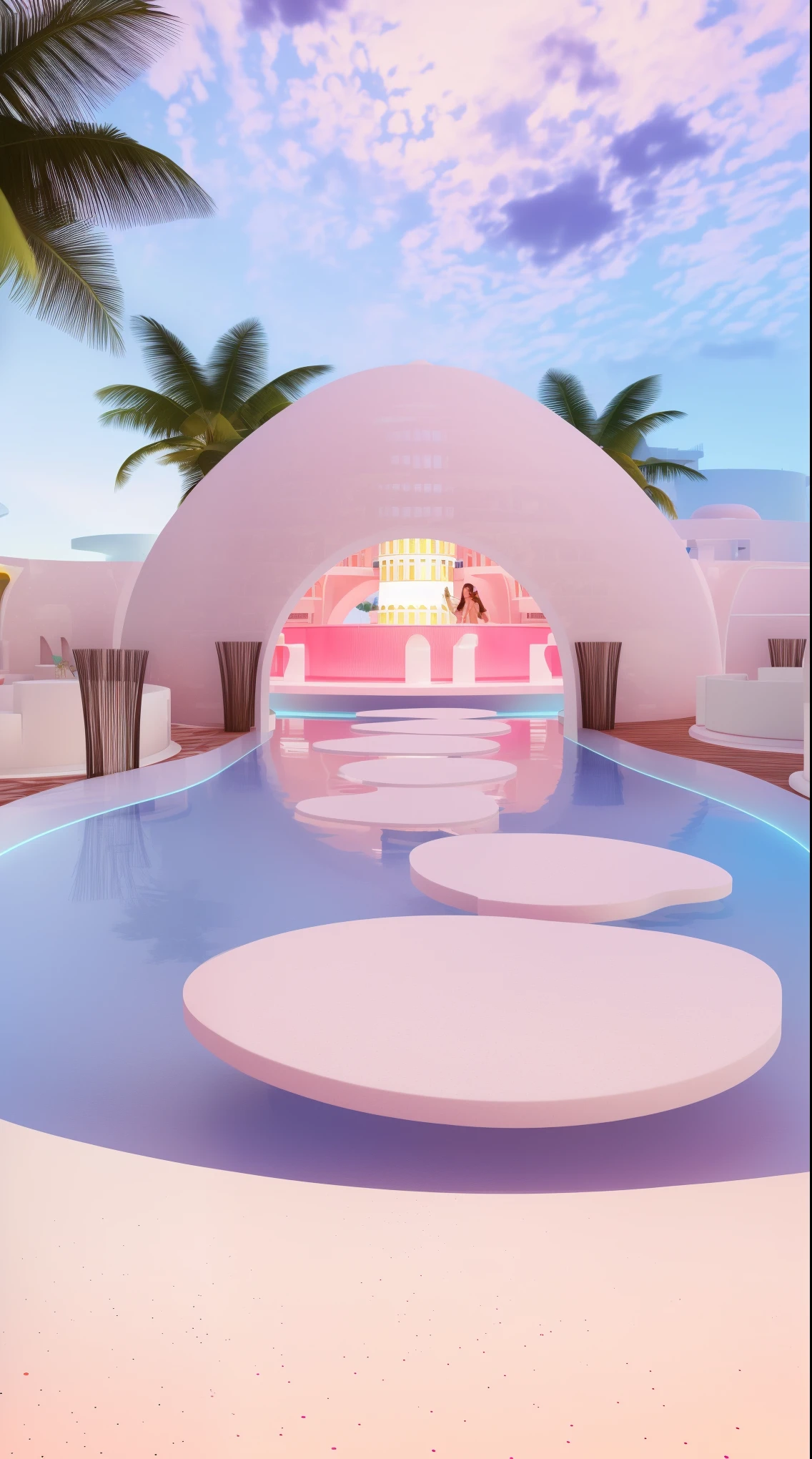 masterpiece, best quality, high quality, Extremely detailed CG Unity 8K wallpaper, Realistic photos, Depth of Field, There is a white domed swimming pool and a pink swimming pool, In a futuristic desert palace, Kawaii HD Rendering, Karim Rashid, Inspired by Joao Artur da Silva, take, Vaporwave Building, Neon City Dome, Palace on the water, Inspired by Cherryl Fountain, Pink Arch, Inspired by Riccardo Bofill, In a Candy Land-style house, Dreamy atmosphere