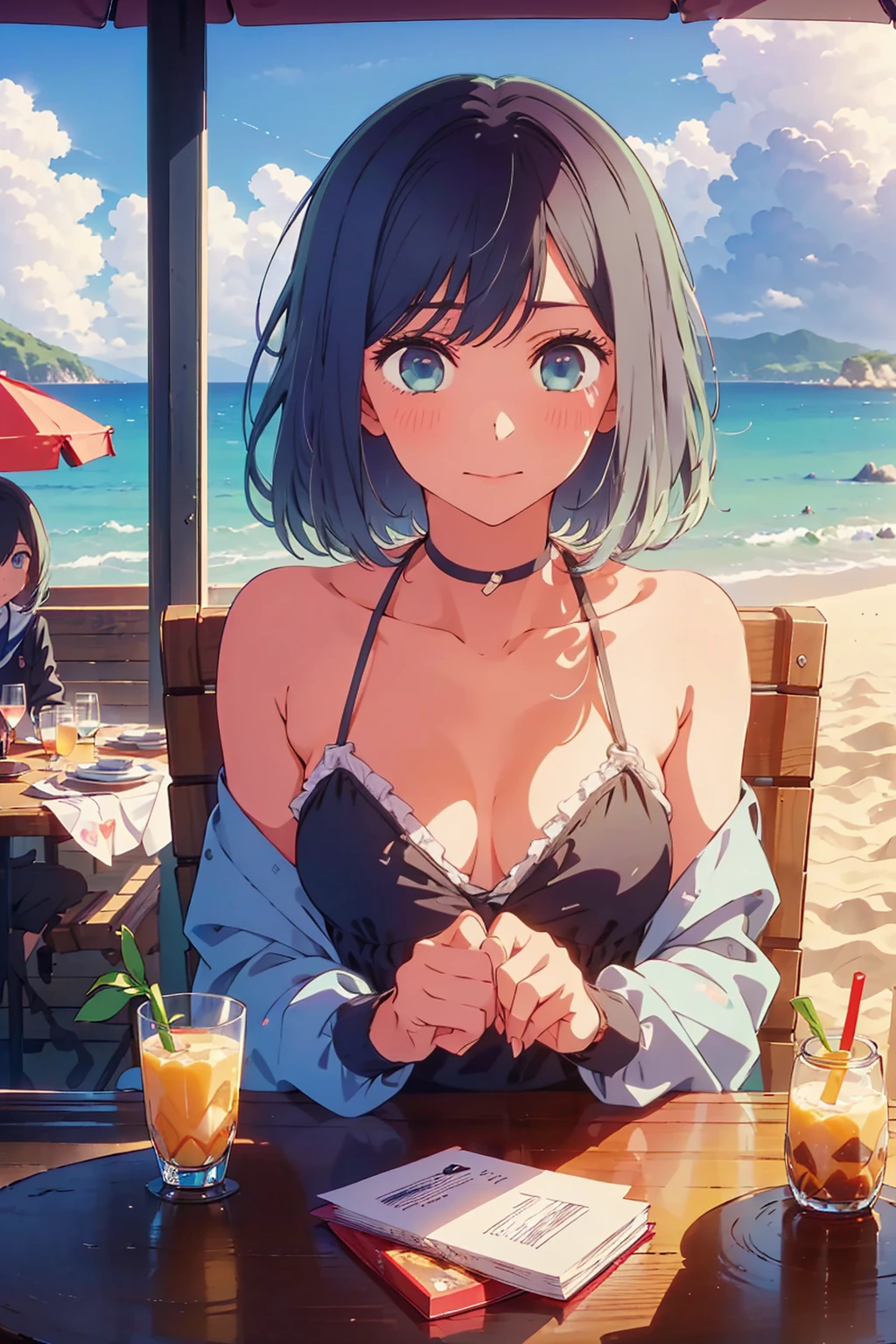 (Highest quality:1.4、masterpiece:1.uper detailed:1.4、8K:1.4)、((((1 person、Surprised expression、sit、Outdoor café terrace、coastal、juice、table、Sandy Beach、juiceのグラスを持つ、Big eyes、Plain Bikini、The depth of the written world、Very soft looking brery cute face))))、F cup bust、Medium breast