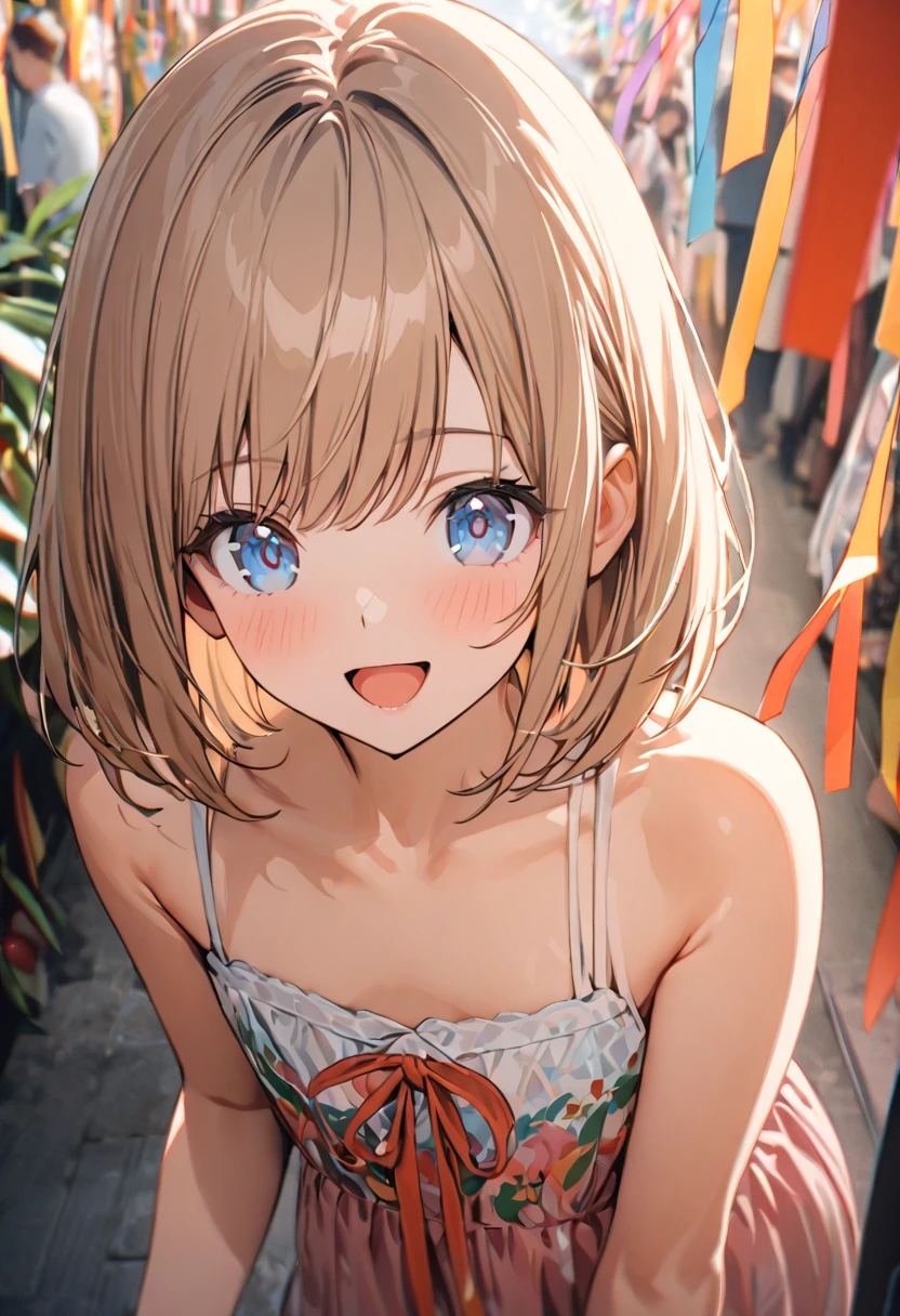 1 girl, 18yo, (flat chest: 1.5), blue eyes, light brown hair, bob cut, summer outfit, smile, open mouth, tanabata festival, large shopping arcade, Tanabata decorations, lots of Tanabata streamers, crowds in the background, upper body, 8k, RAW photo, best quality, masterpiece, extremely detailed 8k wallpaper, ultra-detailed, best shadow, detailed background, beautiful detailed face, beautiful detailed eyes, nice hands, perfect hands