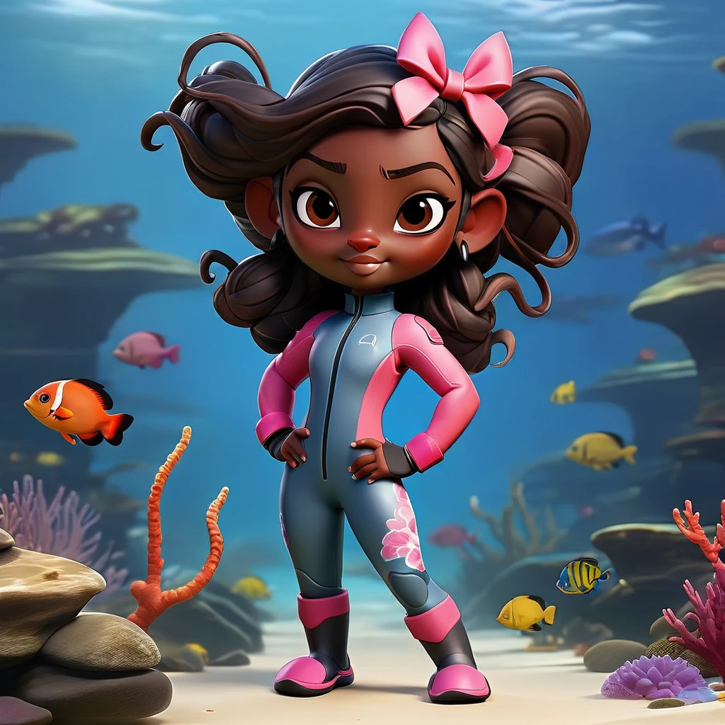 Create a full-body view of a kid-friendly avatar of a young girl named Arya with dark skin, hair styled in pigtails with pink and red bows. She is wearing scuba gear, including a pink wetsuit, blue overalls, goggles, snorkel, and pink flippers. The avatar should be cartoonish with large, expressive eyes, a friendly smile, and a playful demeanor. The background should be a simple blue gradient.