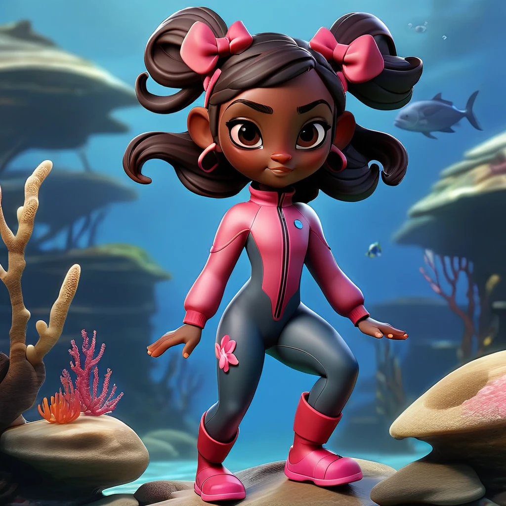 Create a full-body view of a kid-friendly avatar of a young girl named Arya with dark skin, hair styled in pigtails with pink and red bows. She is wearing scuba gear, including a pink wetsuit, blue overalls, goggles, snorkel, and pink flippers. The avatar should be cartoonish with large, expressive eyes, a friendly smile, and a playful demeanor. The background should be a simple blue gradient.