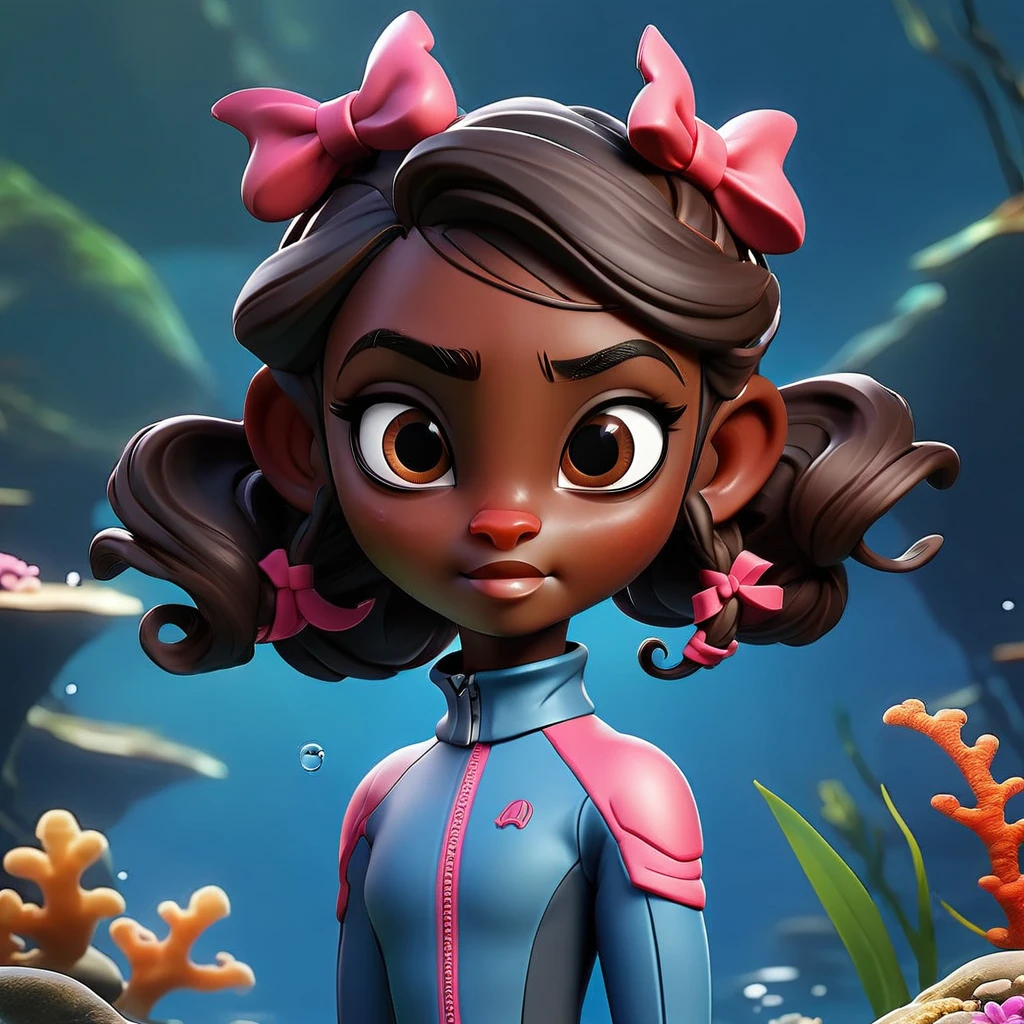 Create a full-body view of a kid-friendly avatar of a young girl named Arya with dark skin, hair styled in pigtails with pink and red bows. She is wearing scuba gear, including a pink wetsuit, blue overalls, goggles, snorkel, and pink flippers. The avatar should be cartoonish with large, expressive eyes, a friendly smile, and a playful demeanor. The background should be a simple blue gradient.