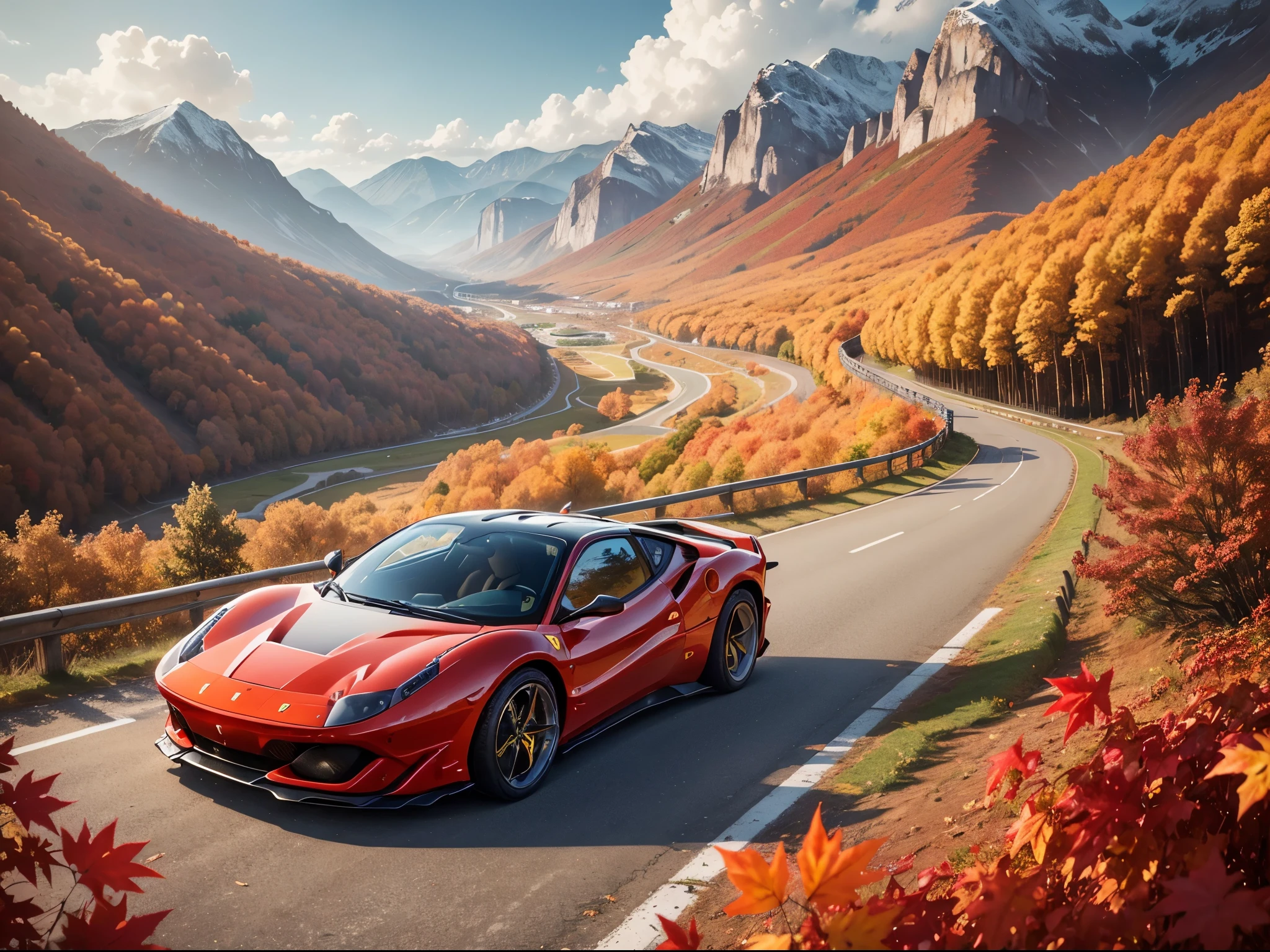 超A high resolution、An ultra-high picture quality、8K、Detailed detailarvelous expression、Late autumn valley、Beautiful autumn leaves、A red sports car running vividly on a circuit built along the mountains、((Ferrari 308GT))