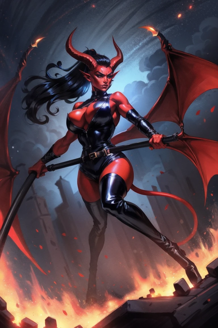 Red skin succubus tiefling, medium breasts, black horns, wings, huge tail, black leather, tall, toned, graceful, thin, long black ponytail. Action scene, whip. Dark scene, explosions, night sky.