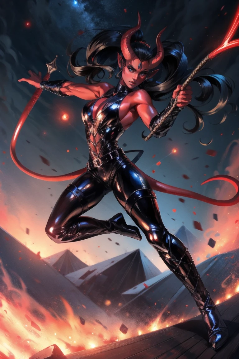 Red skin succubus tiefling, medium breasts, black horns, wings, huge tail, black leather, tall, toned, graceful, thin, long black ponytail. Action scene, whip. Dark scene, explosions, night sky.