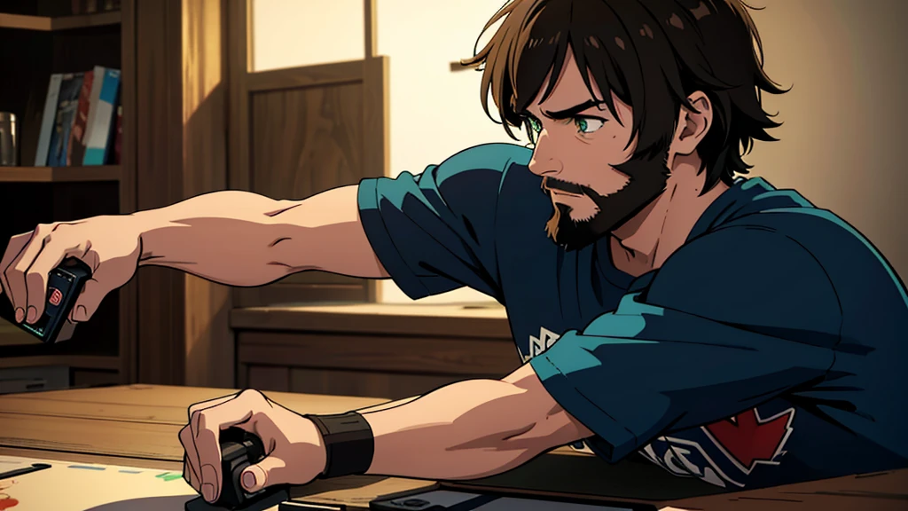 a 24 year old man, wispy beard, teenage look, cute face, slim body, no muscles, green eyes, light brown messy emo anime hair, playing video games, alone, holding joysticks, (best quality,4k,8k,highres,masterpiece:1.2),ultra-detailed,(realistic,photorealistic,photo-realistic:1.37),digital painting,highly detailed,vibrant colors,dramatic lighting,cinematic composition
