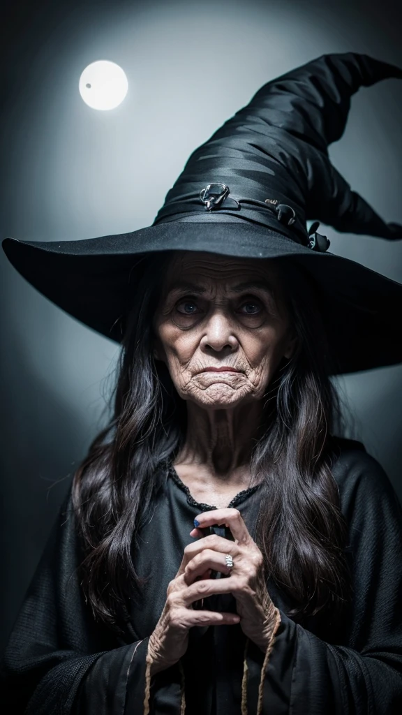 witch　grandmother　ugly　Odd Eye　scared　Dark background