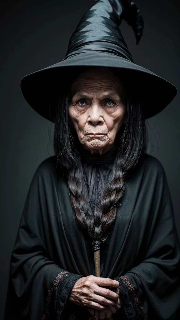 witch　grandmother　ugly　Odd Eye　scared　Dark background
