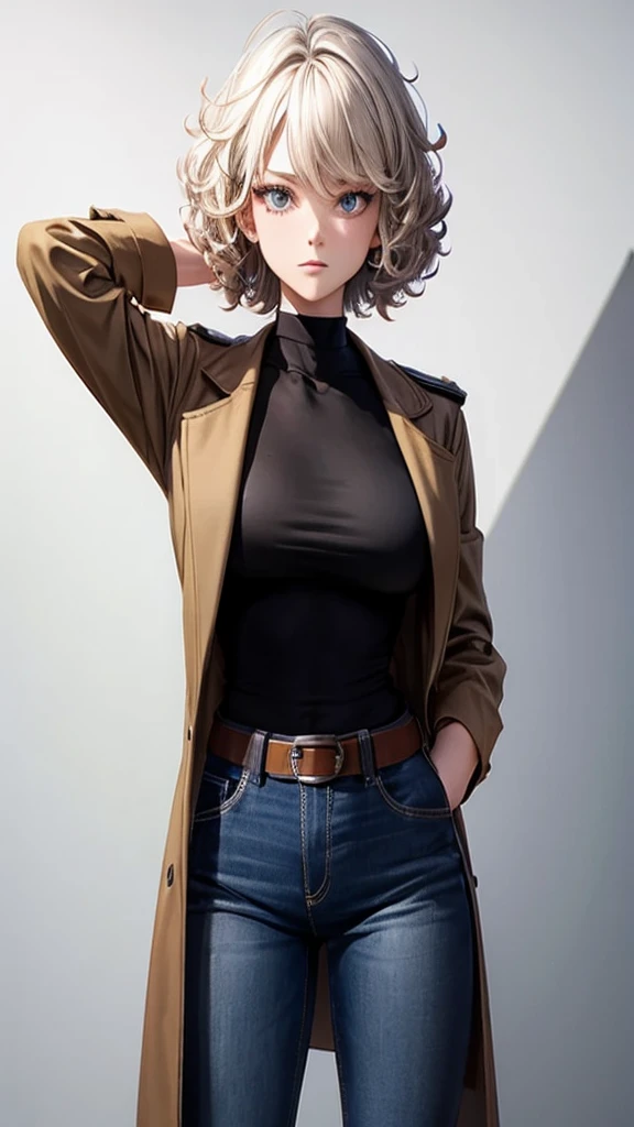 1 Anime girl with short white hair with brown highlights, curly, voluminous,  fully body, slim, wearing a black shirt with a brown coat and jeans, adult, Bullish, my hero academia style, 8K, neutral background