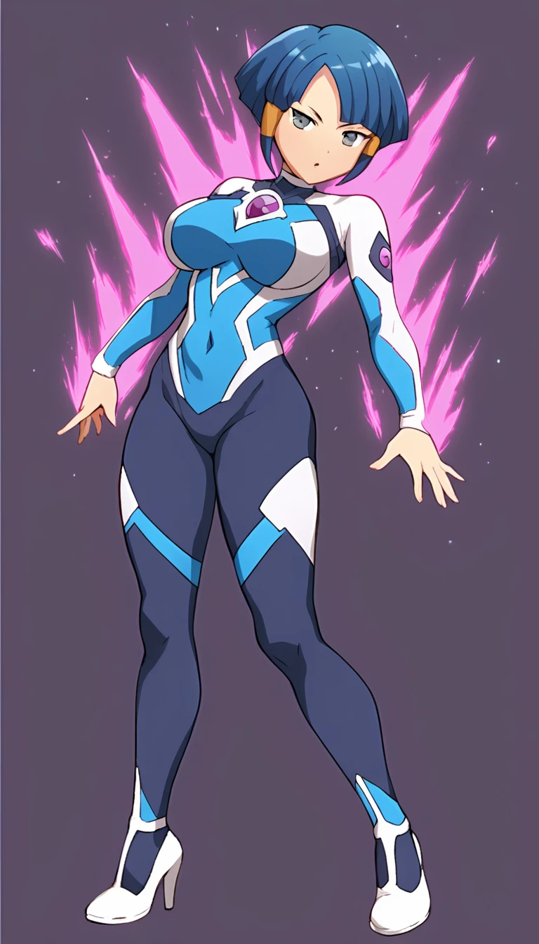 best quality,ultra detailed,solo,score_9, score_8_up, score_7_up, score_6_up, score_5_up, score_4_up, source_anime, 1girl, clara, blue hair, hair tubes, grey eyes, bodysuit,big breasts, standing sexy pose, (behind view,portrait),full body,heavenly ass, heavenly breasts, big ass, no shoes, wearing white heels, upset, face, long legs, tight bodysuit, tight sleeves, white bodysuit, half-closed eyes, backside, charging dark power, charging dark energy, dark energy, using dark power, using energy, using dark energy, charging dark energy, dark aura, backside