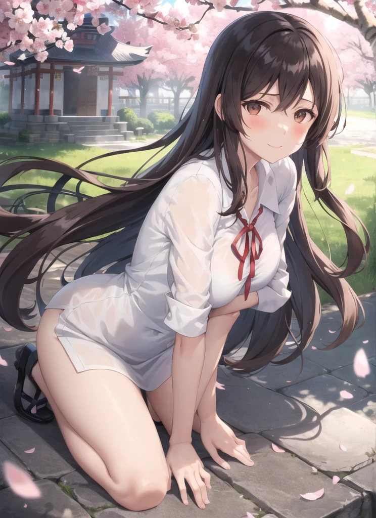 shinkai makoto style, 1girl, bangs, long black hair, blue sky, gentle smile, brown eyes, cloud, , white collared shirt, red ribbon, outdoors, summer day, cherry blossom petals, ancient shrine in background, glowing fireflies, ethereal atmosphere, bittersweet expression, sunset colors, fading realms lora:shinkai_makoto_offset:1