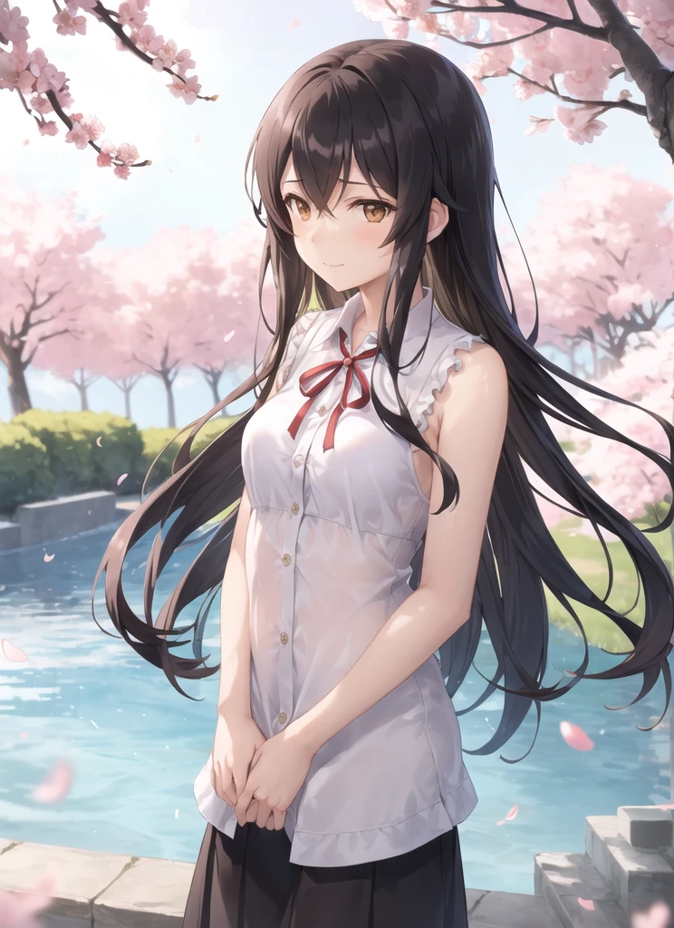 shinkai makoto style, 1girl, bangs, long black hair, blue sky, gentle smile, brown eyes, cloud, , white collared shirt, red ribbon, outdoors, summer day, cherry blossom petals, ancient shrine in background, glowing fireflies, ethereal atmosphere, bittersweet expression, sunset colors, fading realms lora:shinkai_makoto_offset:1