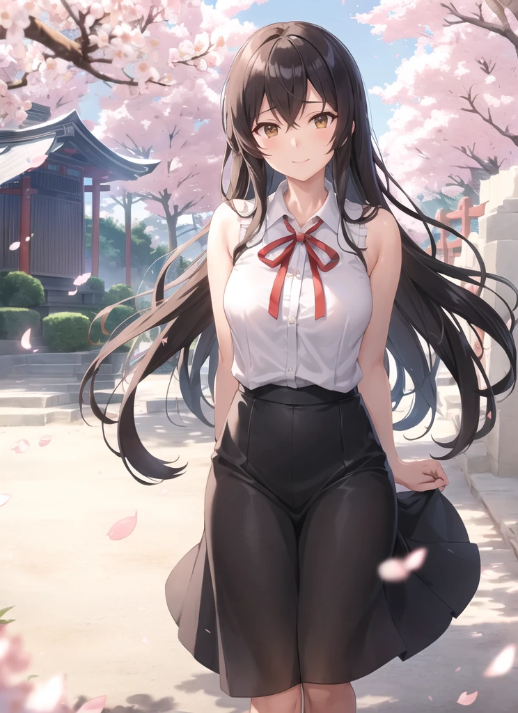 shinkai makoto style, 1girl, bangs, long black hair, blue sky, gentle smile, brown eyes, cloud, , white collared shirt, red ribbon, outdoors, summer day, cherry blossom petals, ancient shrine in background, glowing fireflies, ethereal atmosphere, bittersweet expression, sunset colors, fading realms lora:shinkai_makoto_offset:1