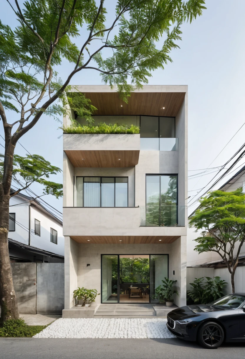 A high-resolution, horizontally framed shot of a minimalist archlinener Muji style three-story house exterior. The facade features a combination of water-painted walls, natural wood, and decorative stone elements, creating a harmonious and serene appearance. Large windows allow ample natural light to flood the interior spaces. The design emphasizes simplicity and functionality, with clean lines and a neutral color palette. The house is situated on a quiet street with cars parked in front, and potted plants and greenery enhance the natural aesthetic.

((8k)), high quality detail, soft lighting, minimalist design, neutral color palette, natural materials, clean lines, serene and inviting, modern Japanese aesthetic, flat ceiling, recessed downlights.