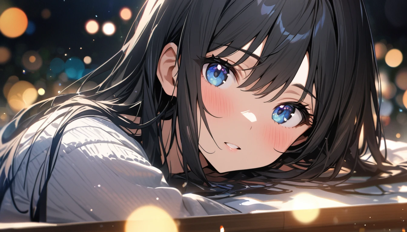 Full resolution, Highest quality, masterpiece, Full HD, Bokeh, particle Bokeh, Depth of written boundary,  Beautiful girls, Very detailed, One girl, pretty girl, Black Hair, Long Hair, Blue water eyes