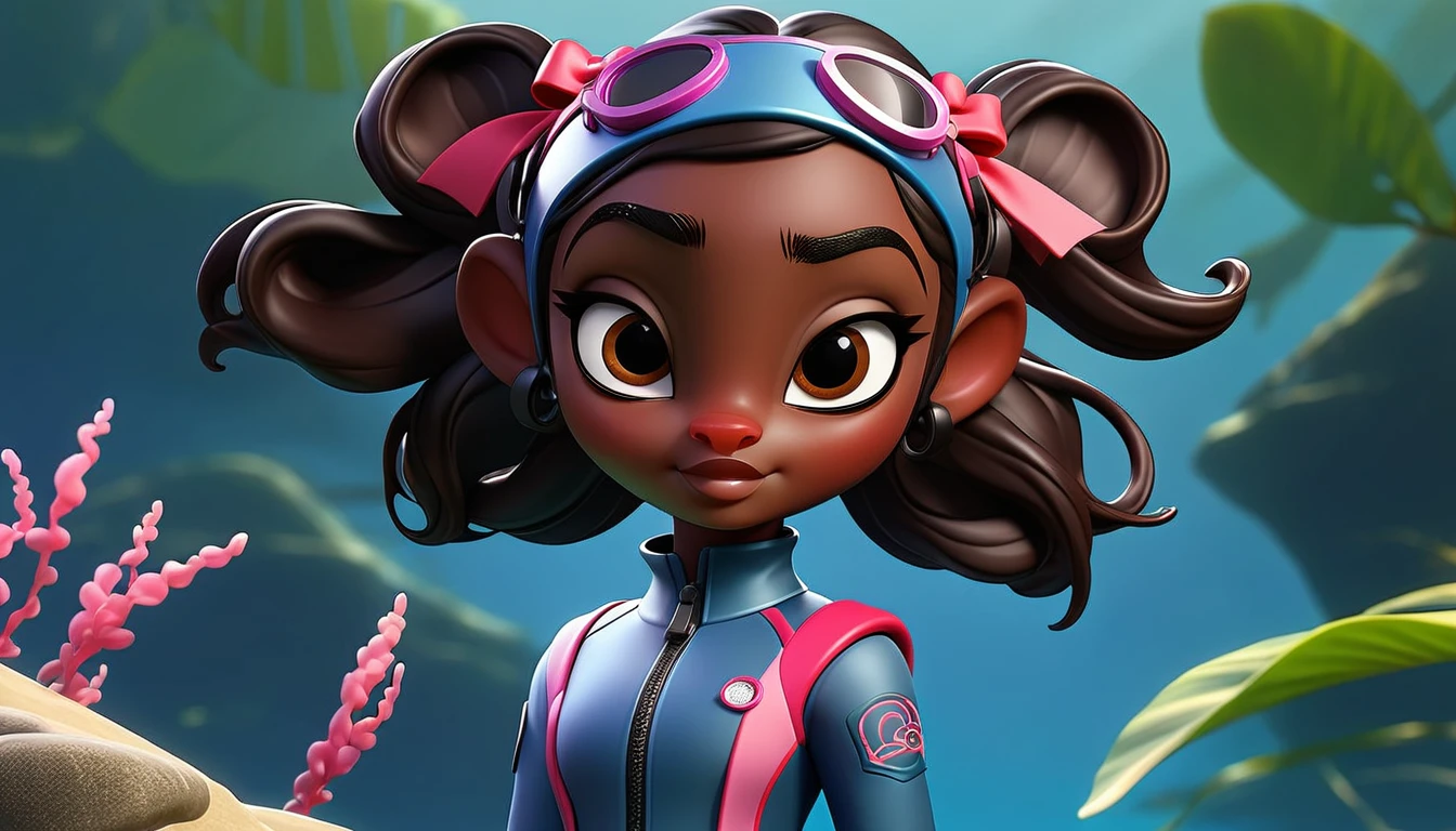 Create a full-body view of a kid-friendly avatar of a young girl named Arya with dark skin, hair styled in pigtails with pink and red bows. She is wearing scuba gear, including a pink wetsuit, blue overalls, goggles, snorkel, and pink flippers. The avatar should be cartoonish with large, expressive eyes, a friendly smile, and a playful demeanor. The background should be a simple blue gradient.