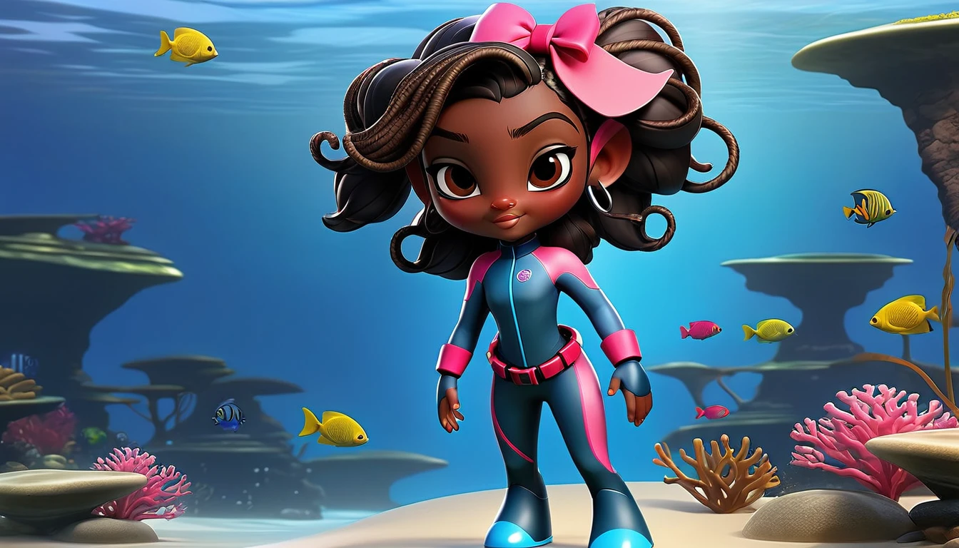 Create a full-body view of a kid-friendly avatar of a young girl named Arya with dark skin, hair styled in pigtails with pink and red bows. She is wearing scuba gear, including a pink wetsuit, blue overalls, goggles, snorkel, and pink flippers. The avatar should be cartoonish with large, expressive eyes, a friendly smile, and a playful demeanor. The background should be a simple blue gradient.