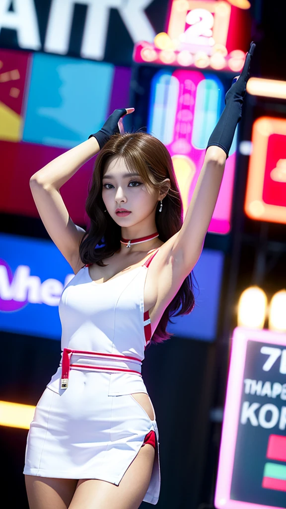 Tzuyu 1, woman, (Realistic), (Hyperrealism), (photoRealistic), Written boundary depth, eye make up:0.6 (whole body:2.0), (Large Bust),(Tight waist), Observe the audience,In the pits of a race track, Race Queen, A sexy dress with open shoulders and neckline

