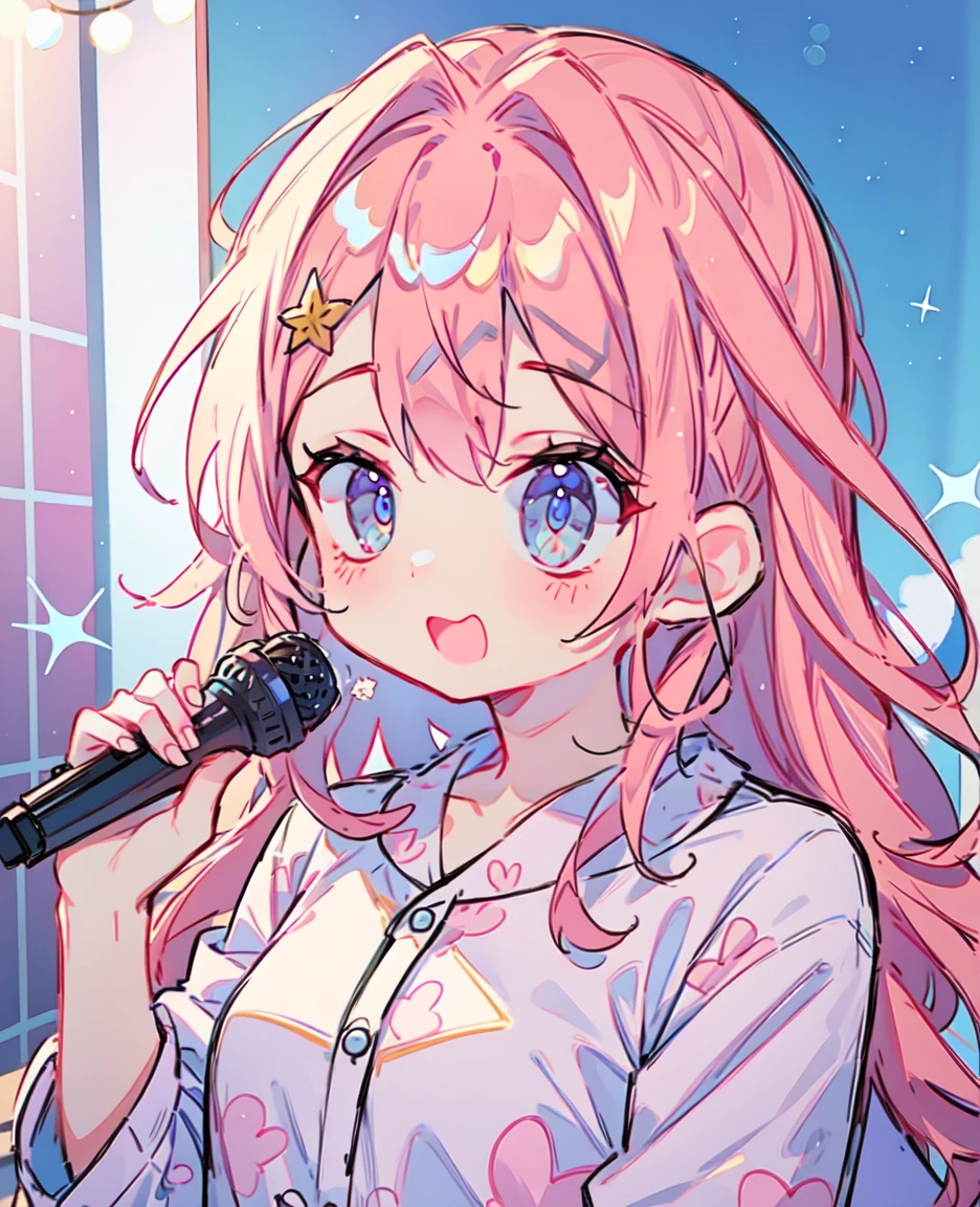 girl、cute、Holding a microphone、Pink Hair、singing、karaoke、Pajama-like clothing