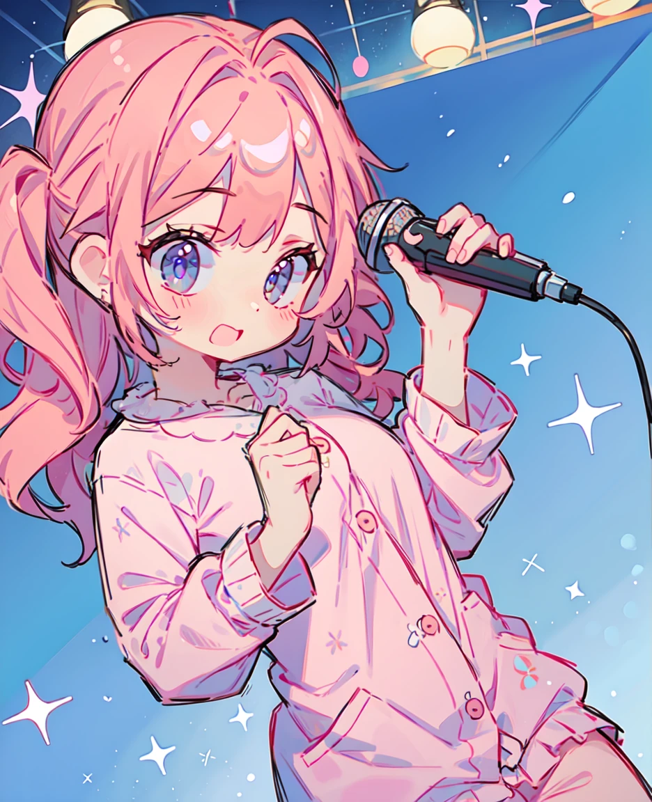 girl、cute、Holding a microphone、Pink Hair、singing、karaoke、Pajama-like clothing