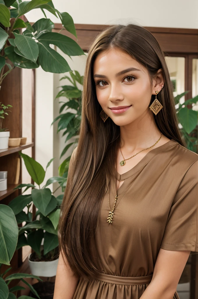 1girl, long hair, looking at viewer, smile, brown hair, dress, brown eyes, jewelry, short sleeves, earrings, multiple boys, solo focus, indoors, blurry, lips, watermark, plant